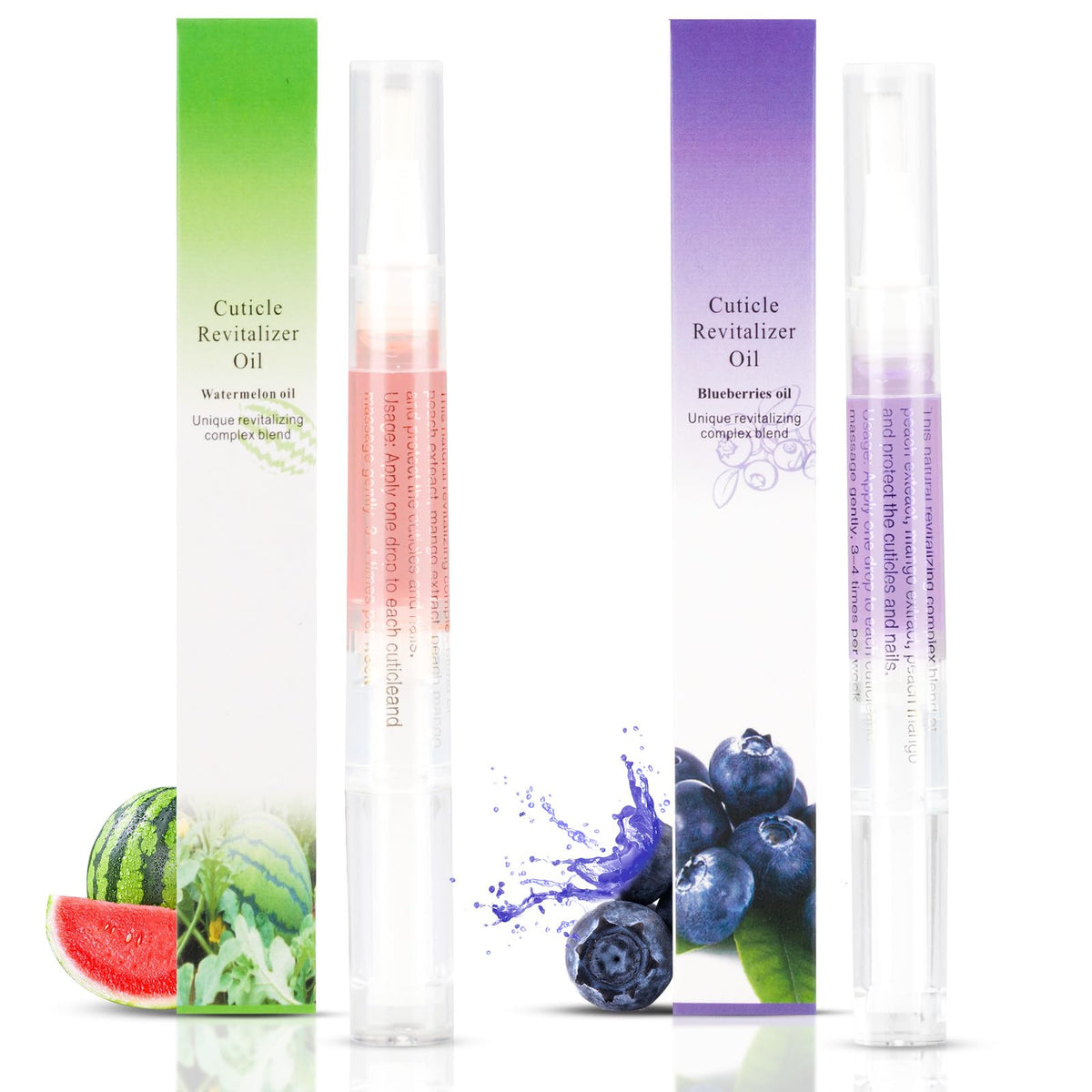 Meschett Cuticle Oil Pens - 2Pcs Nail Care With Soft Brush, Blueberry & Watermelon Flavors