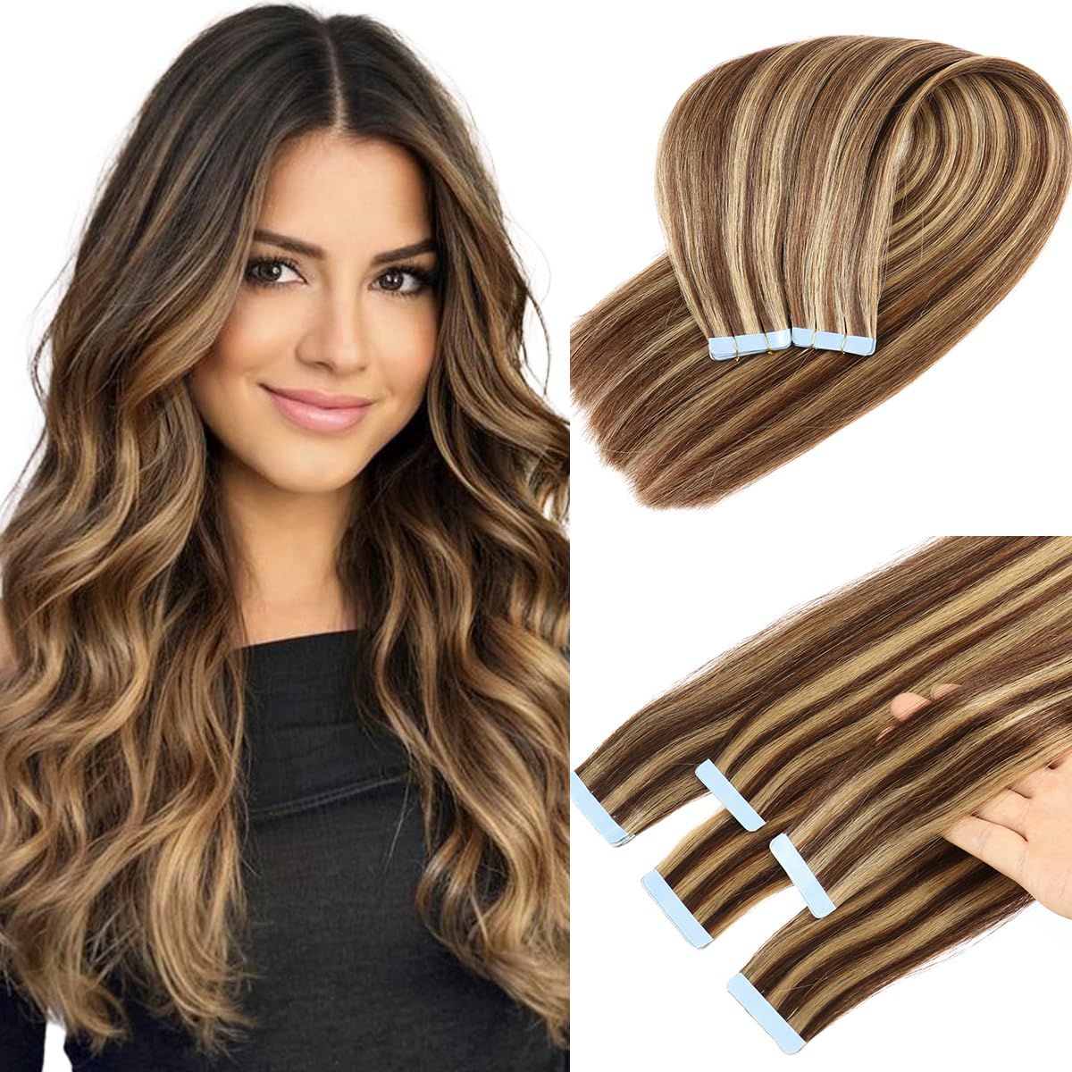 Loumte Tape In Hair Extensions 100% Remy Human Hair 22&quot; Seamless Invisible Skin Weft #4P/27