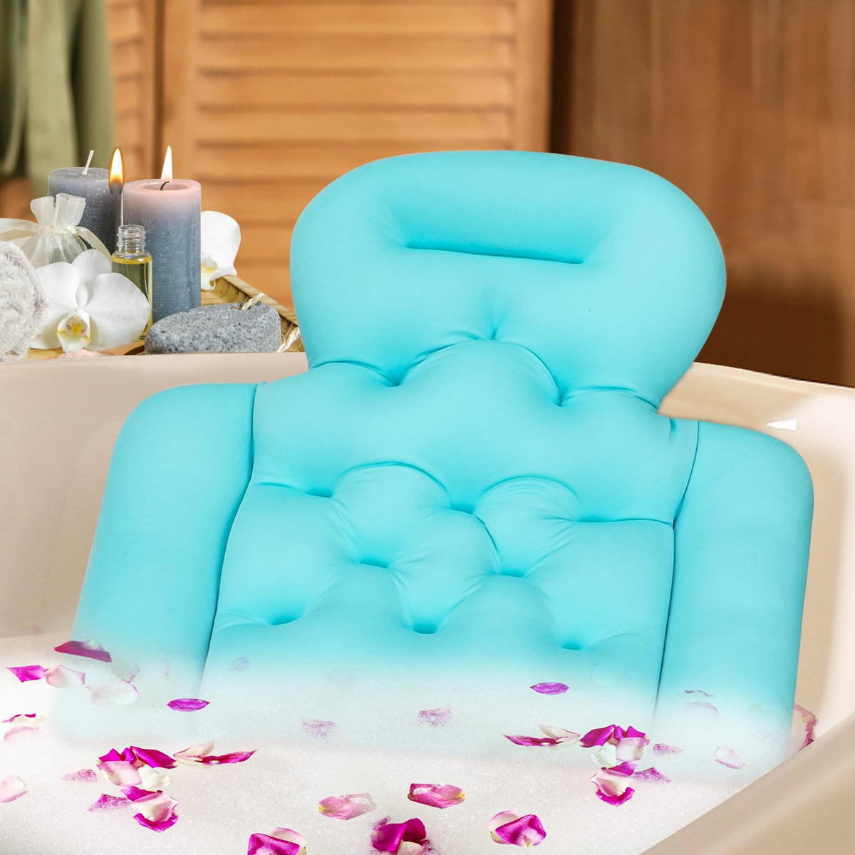 Naposeuo Bath Pillow With Suction Cups & Laundry Bag - Ocean Blue Spa Cushion For Head & Neck Support