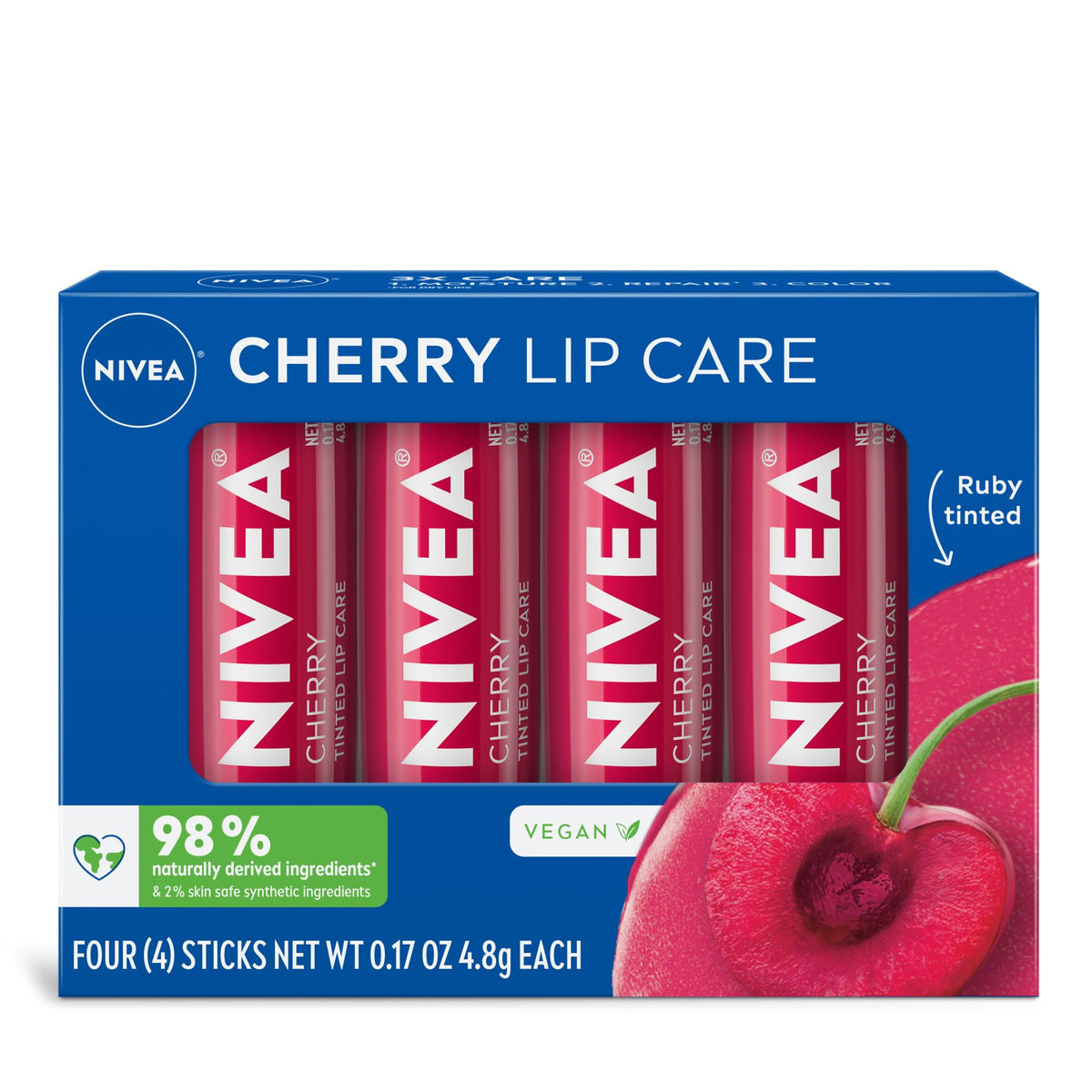 Nivea Cherry Lip Care Tinted Balm With Shea Butter & Vitamin C, Moisturizing 4-Pack, 0.17 Oz