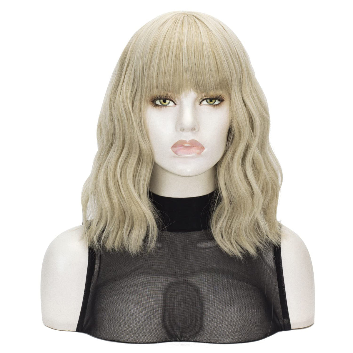 Qaccf Blonde Bob Wig - Short Wavy Synthetic Hair With Bangs In Linen Color