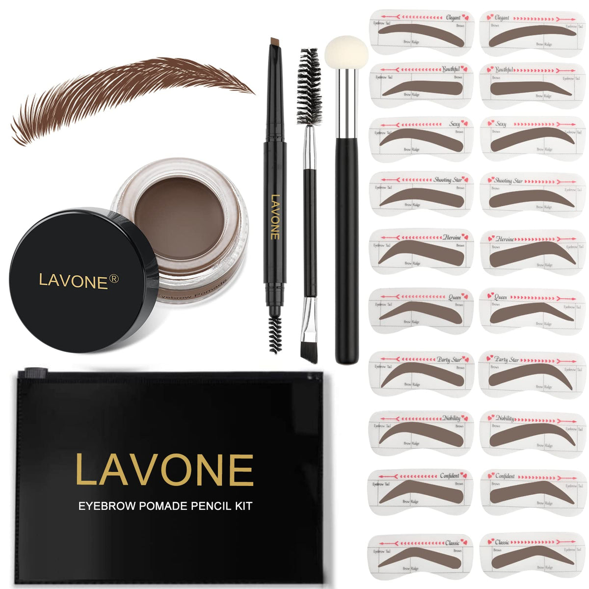 LAVONE Eyebrow Stamp Stencil Kit - Waterproof Pencil, Pomade, 20 Stencils, Dual-ended Brush - Black Brown