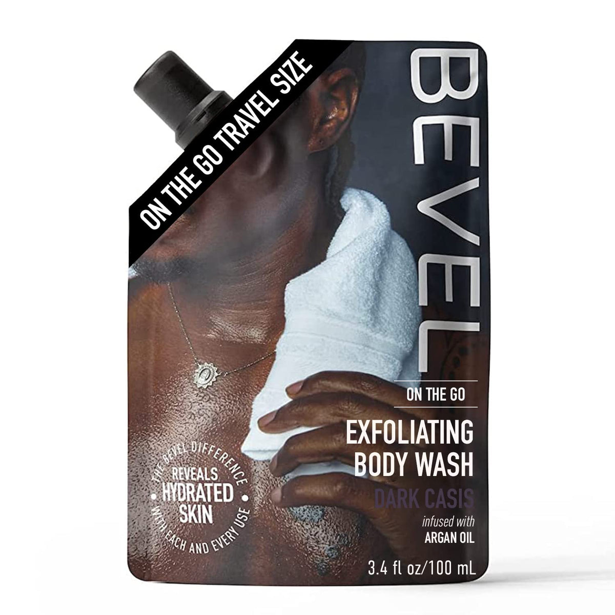 Bevel Exfoliating Body Wash For Men, Dark Cassis & Charcoal, 3.4Oz Travel Pouch, Tsa Friendly