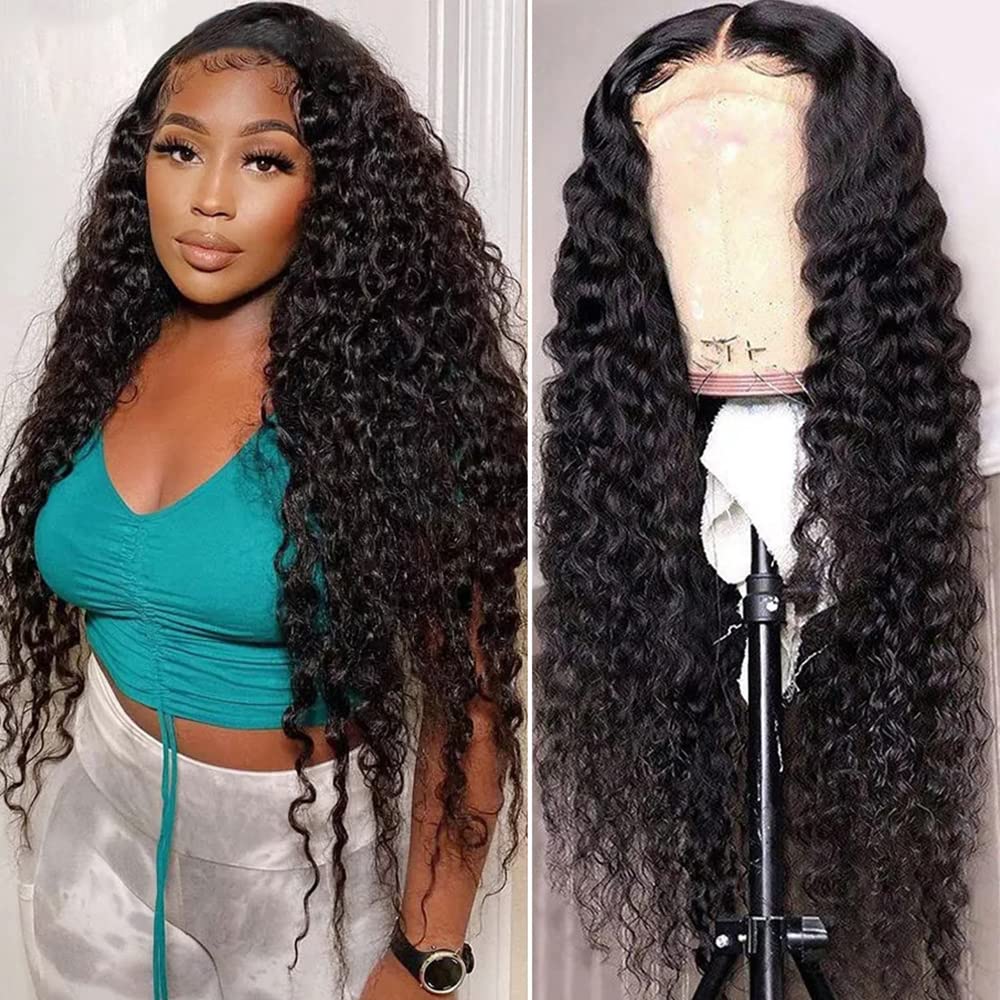 Firieya 28&quot; Deep Wave Lace Front Wig, 180% Density Human Hair, Natural Black For Black Women