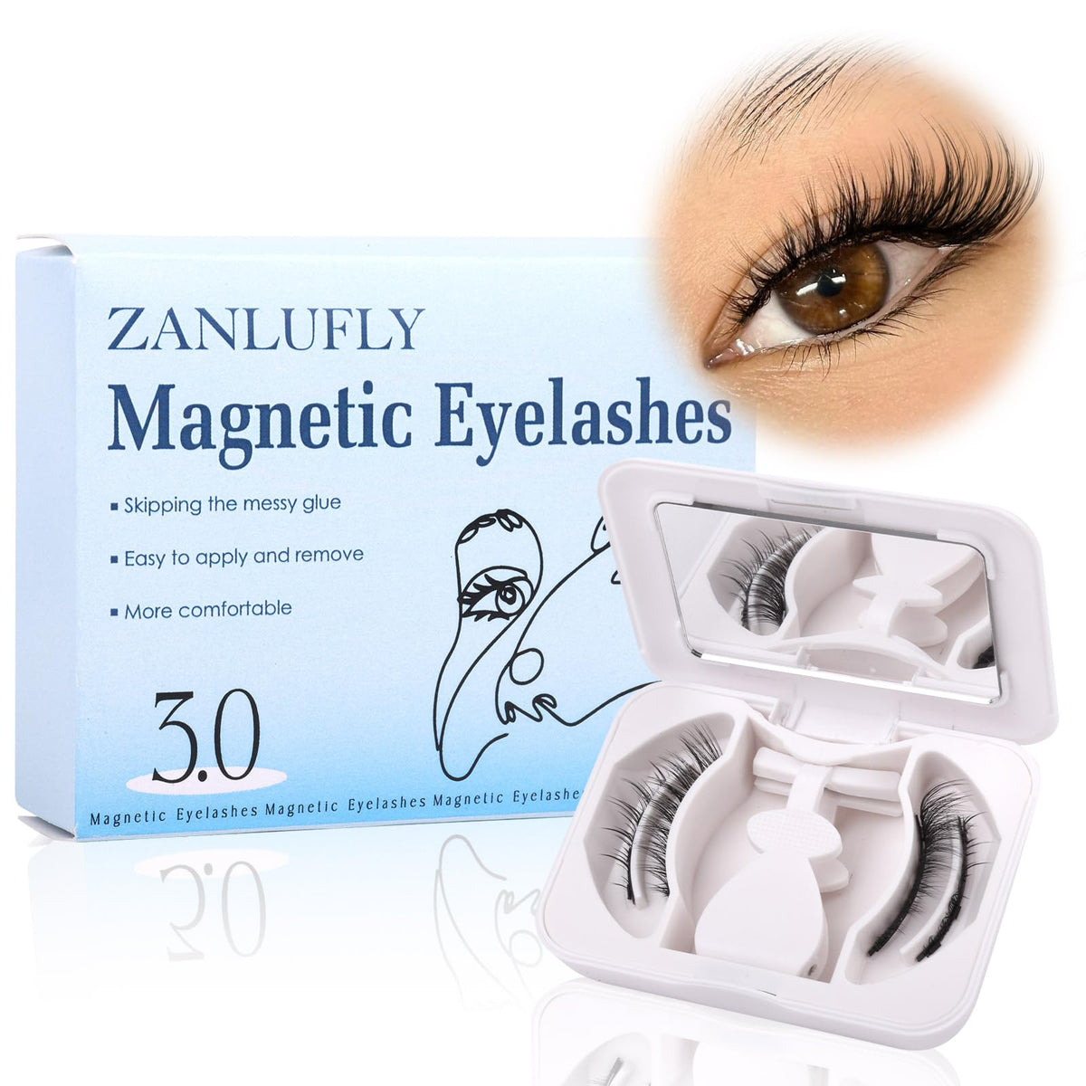 Zanlufly Magnetic Cat Eye Eyelashes - Natural Double Sided, No Glue Wispy Lashes With Applicator