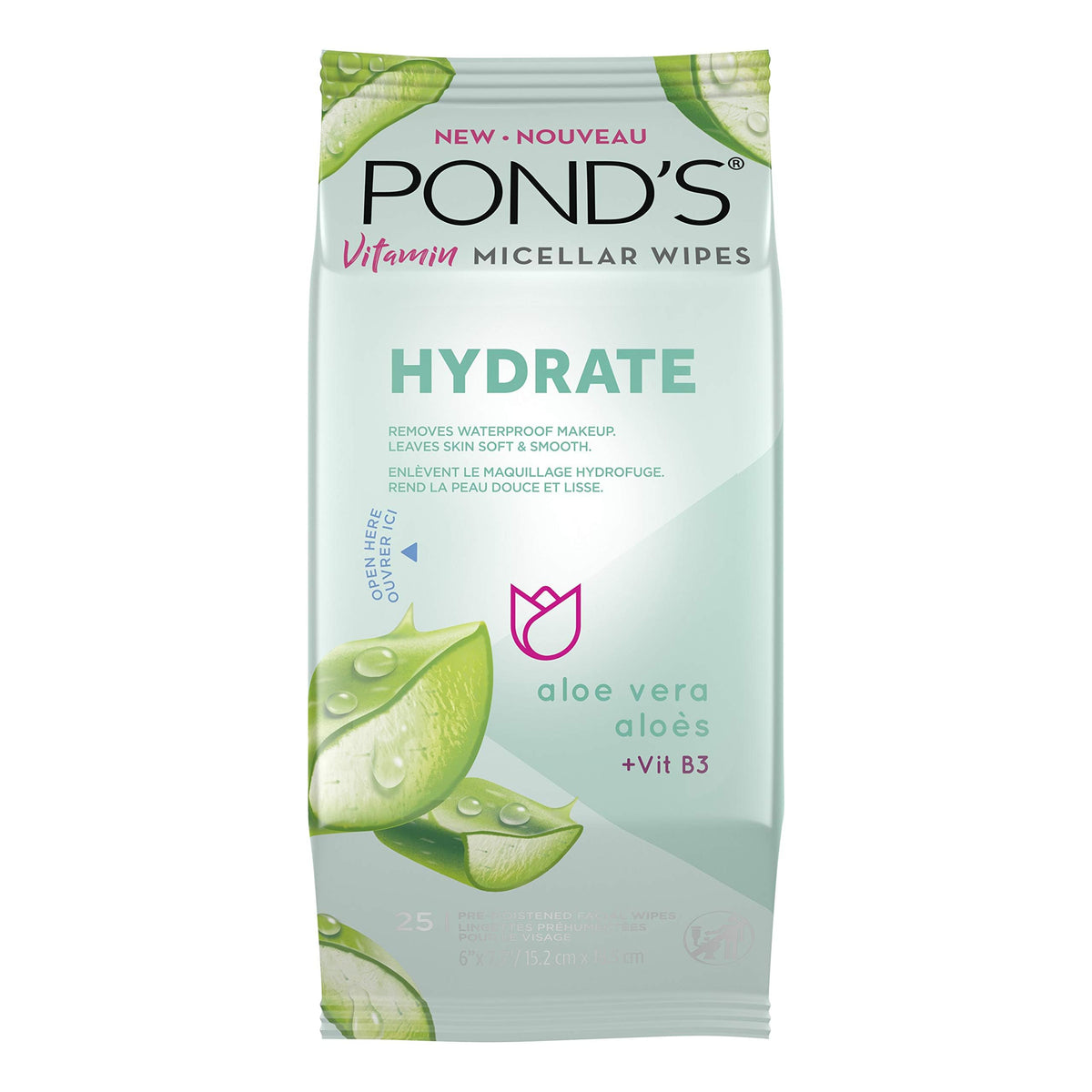 Pond'S Aloe Vera Micellar Wipes For Dry Skin, Waterproof Makeup Removal, 25 Count