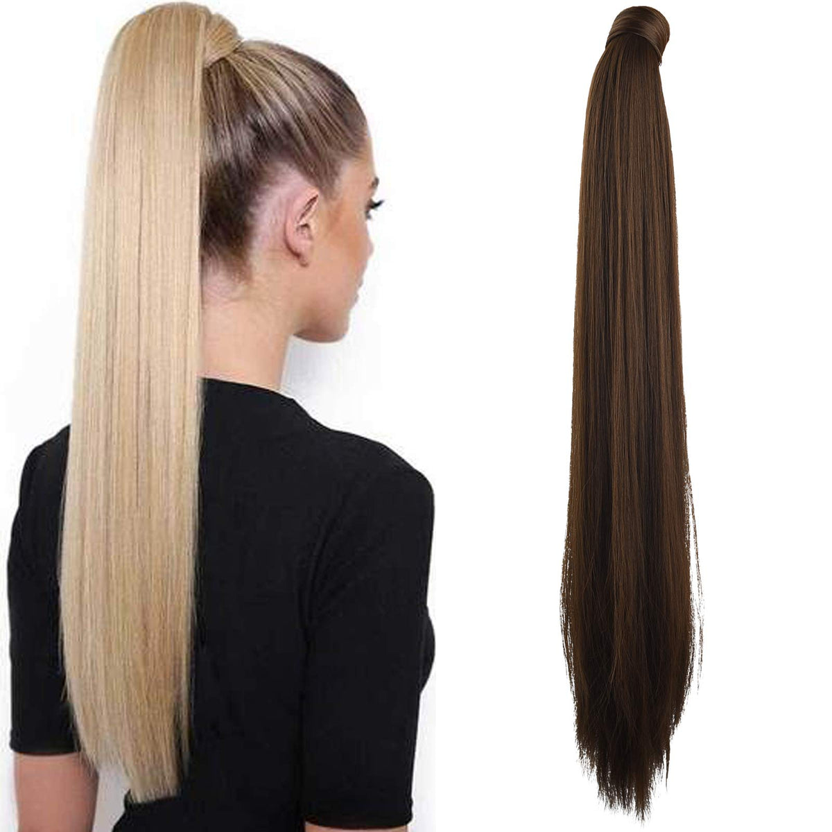 Seikea 28&quot; Clip-In Ponytail Extension - Dark Brown With Copper Highlights, Synthetic Hairpiece