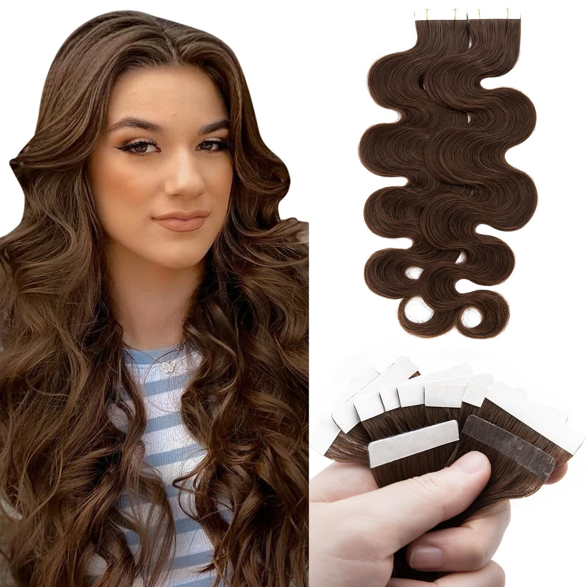 Benehair 18&quot; Wavy Medium Brown #4 Tape In Hair Extensions - 100G Human Hair, 40Pcs