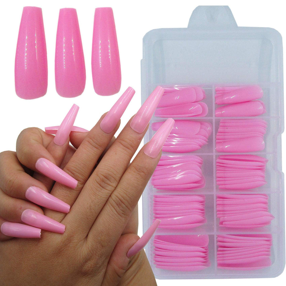 Lifextol 100pc Extra Long Pink Coffin Press on Nails - Acrylic Full Cover Nail Tips for Women