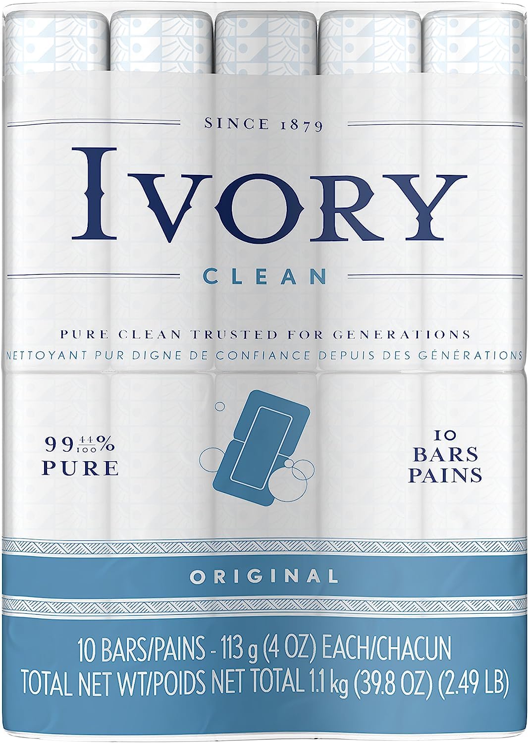 Ivory Clean Original Bath Bar, 10 Count - Gentle Cleansing Soap, Skin-Friendly, Blue Packaging