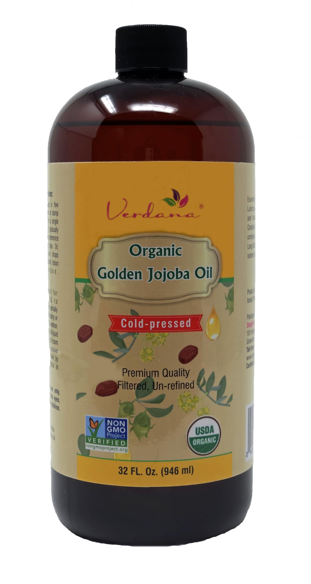 Verdana Organic Golden Jojoba Oil, USDA Certified, Cold Pressed, Unrefined, 32 Fl Oz