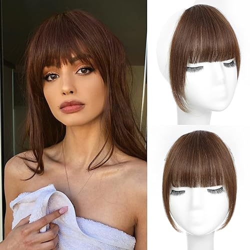 WECAN Medium Brown Clip in Bangs - 100% Human Hair Extensions for Women, Curved Fringe