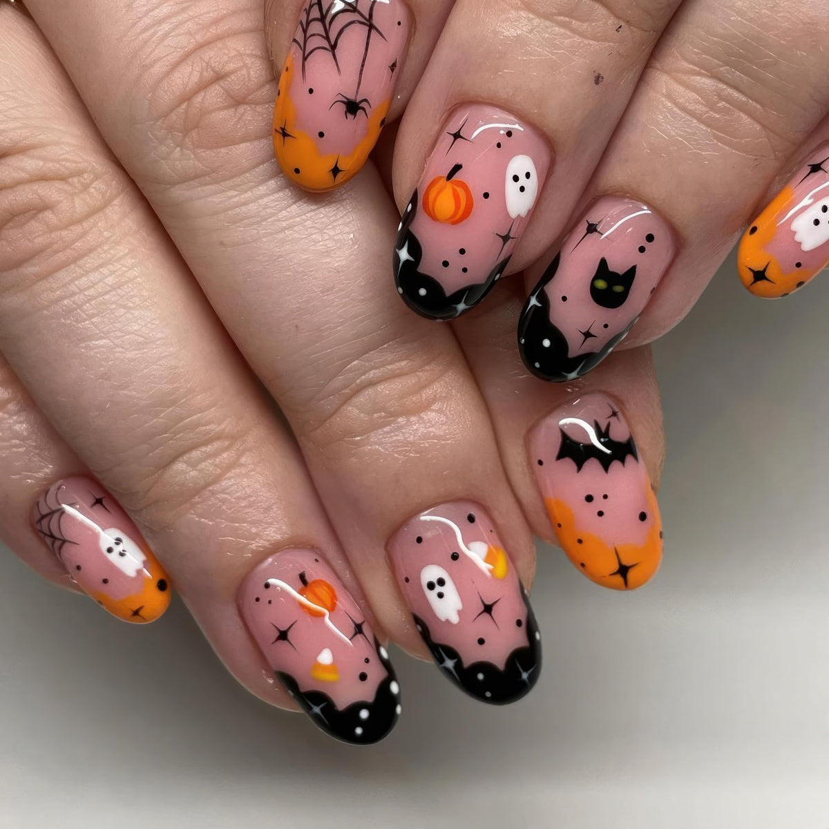 Tkdksfd Halloween Press On Nails - Short Almond Shape, Cute Ghost & Pumpkin Designs, 24 Pc