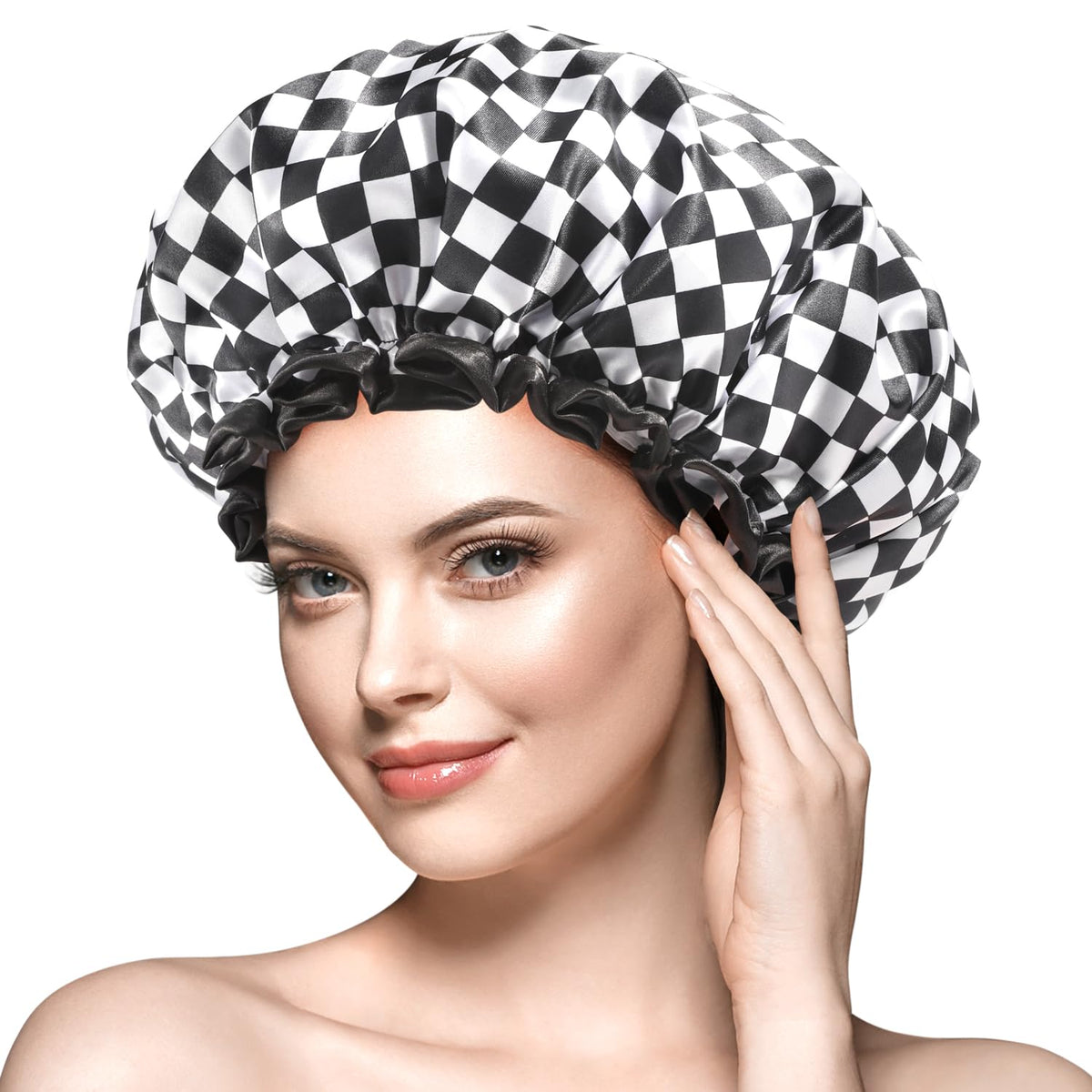 mikimini X-Large Waterproof Shower Cap for Women, Elegant Checkerboard Design, Reusable