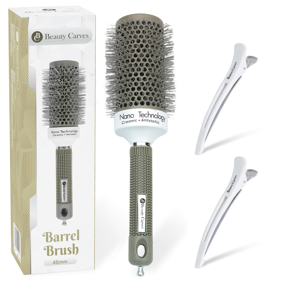 Beauty Carves Round Brush 45Mm - Nano Ionic Heat Resistant, Flexible Nylon Bristles, 2 Clips