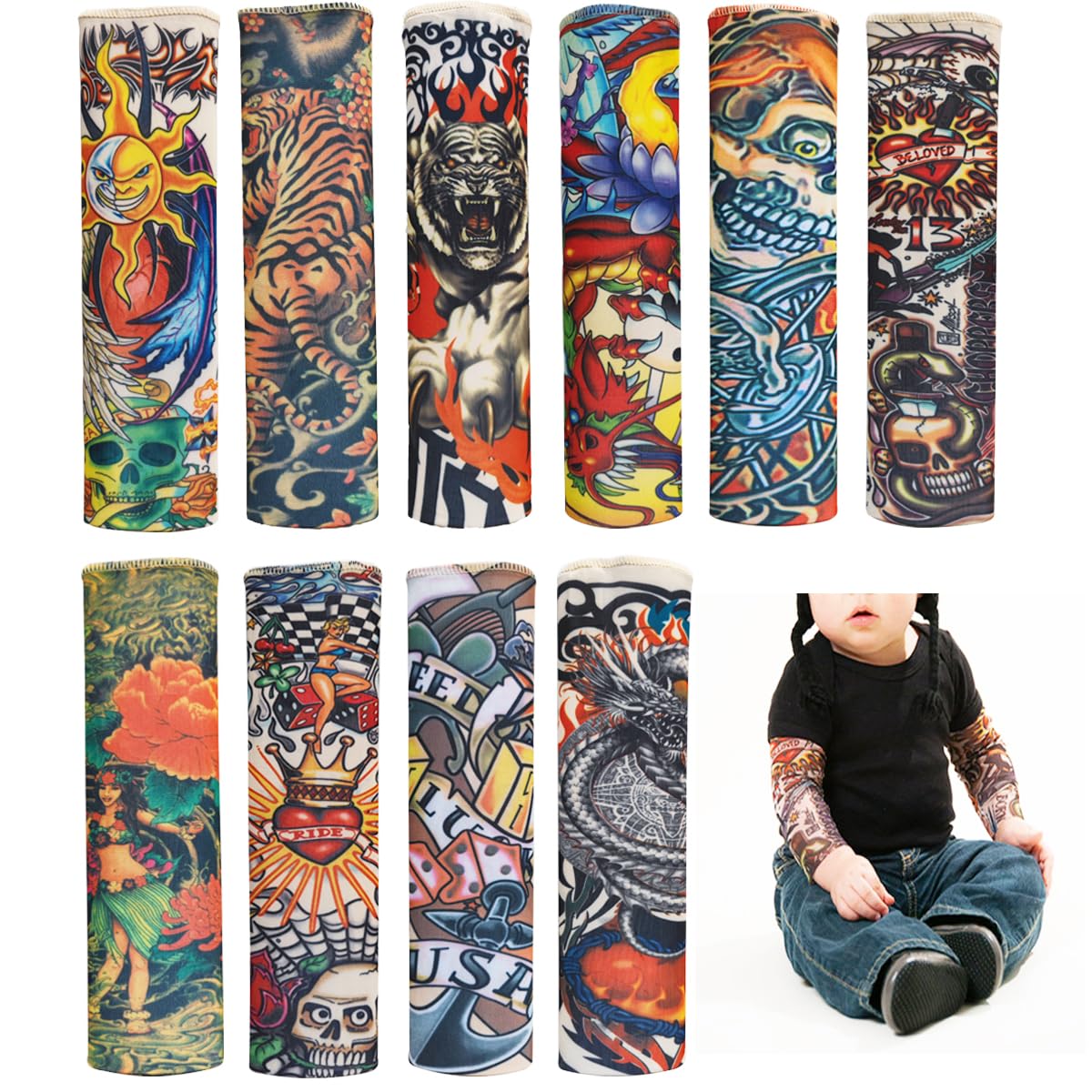 Xbdzr Kids Temporary Tattoo Sleeves, 10Pcs Uv Protection Spandex Arm Sleeves, Multi Color