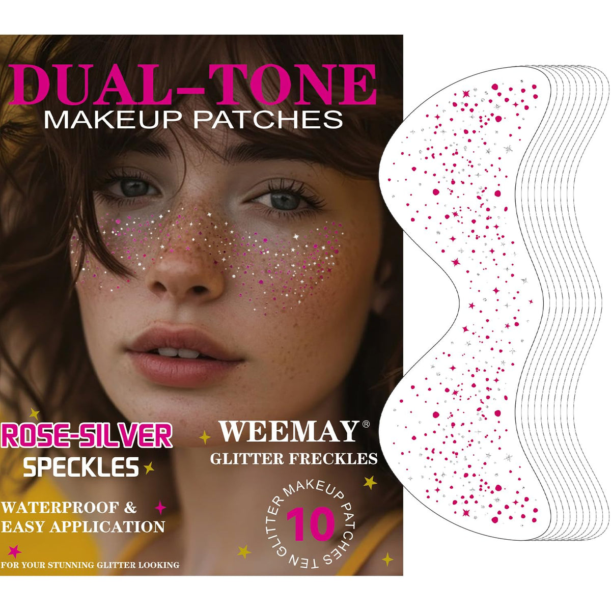 Weemay 10 Pcs Rose-Silver Glitter Freckles Face Tattoo - Waterproof & Long-Lasting 48H