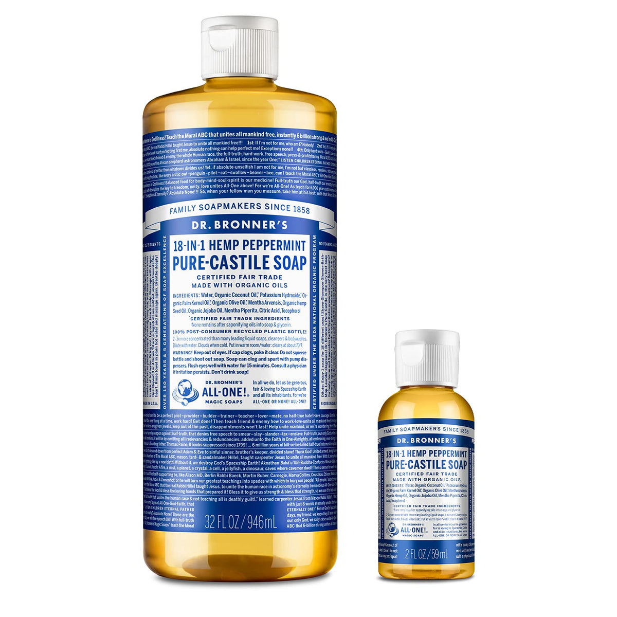 Dr. Bronner'S Pure-Castile Liquid Soap Bundle - Peppermint, 32Oz + 2Oz, Vegan, Organic