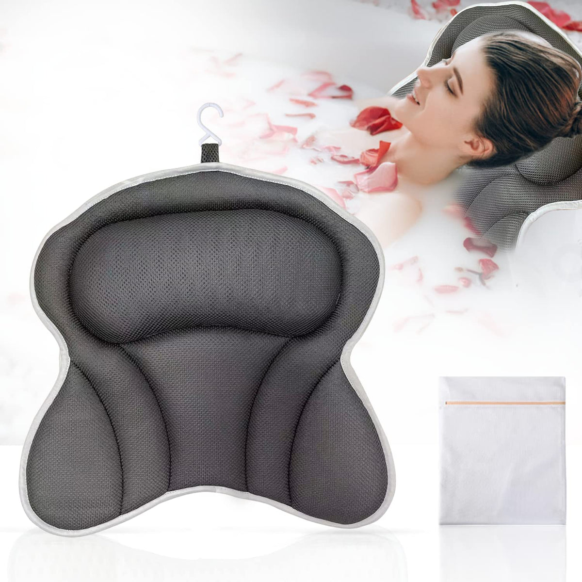 Beulyniza Grey Bath Pillow - Ergonomic Neck & Back Support With Suction Cups, Quick Dry 4D Mesh