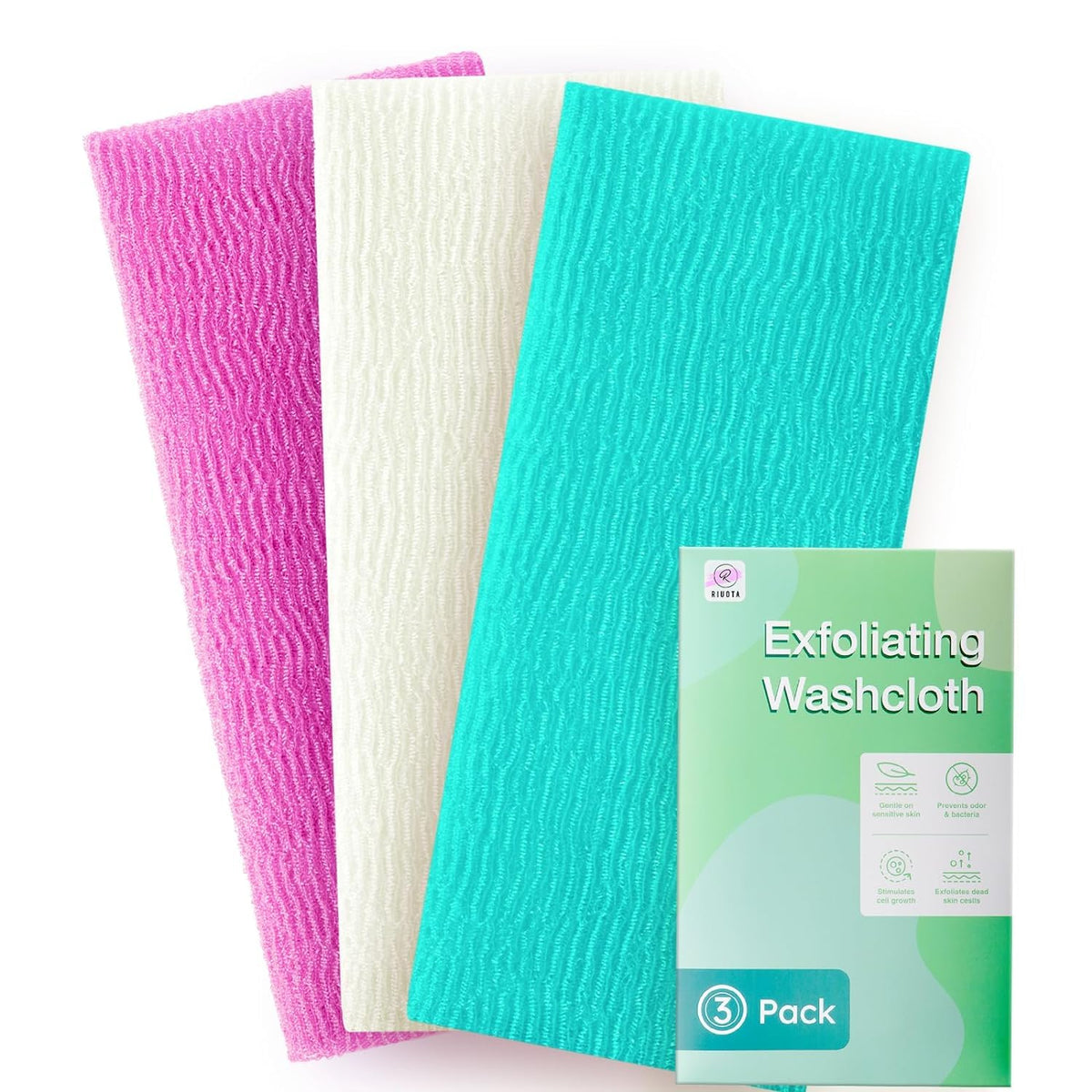 Riuota 3-Piece Exfoliating Washcloth Set - Nylon Body Scrubber, Rose Red, White, Green