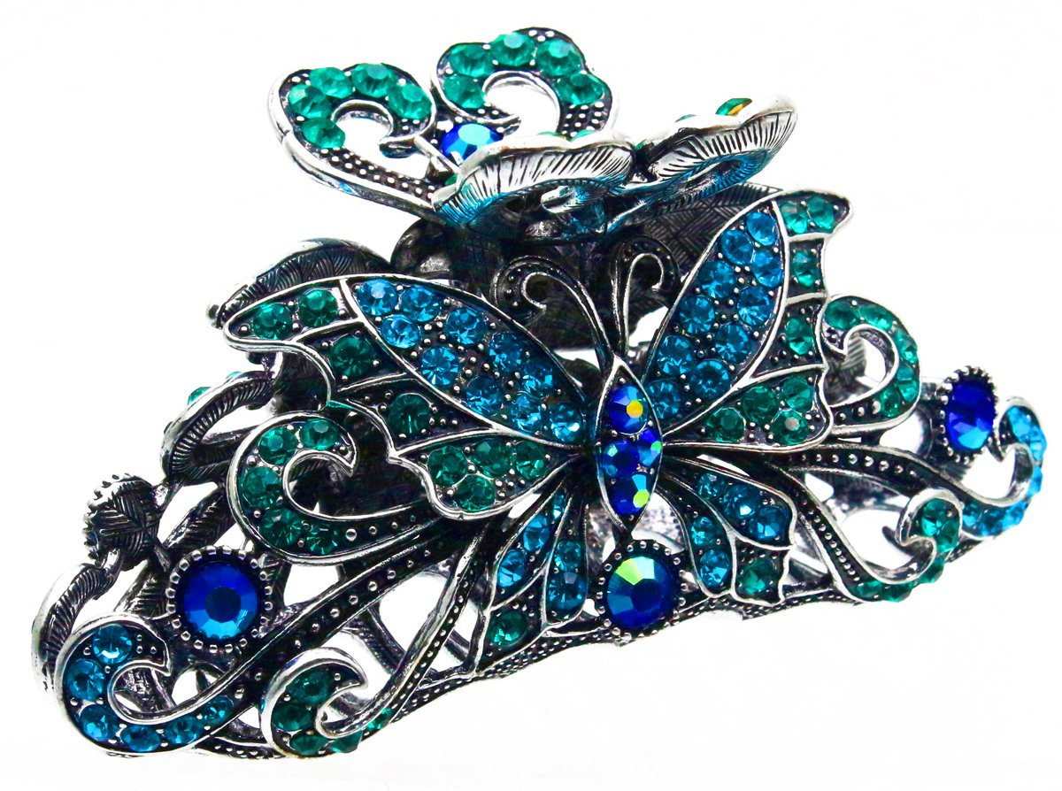 Fashion & Lifestyle Metal Alloy Hair Claw Clip For Thick Hair - Non-Slip Blue Green Barrette