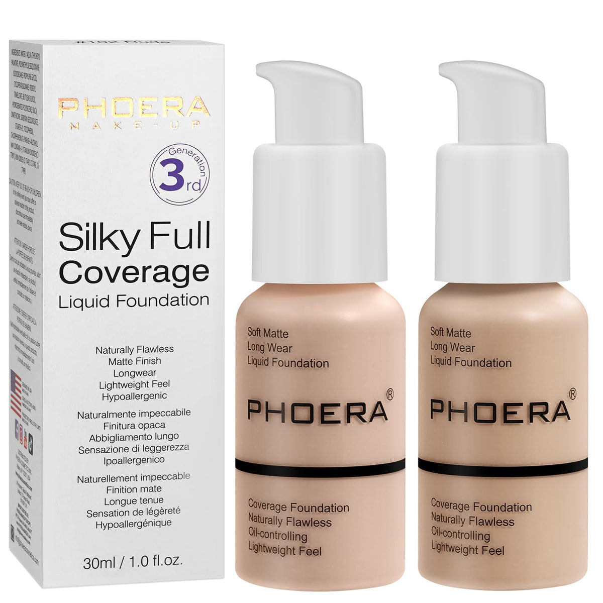 PHOERA Foundation 24HR Matte Liquid Concealer - Full Coverage Oil Control, 30ml Porcelain+Nude