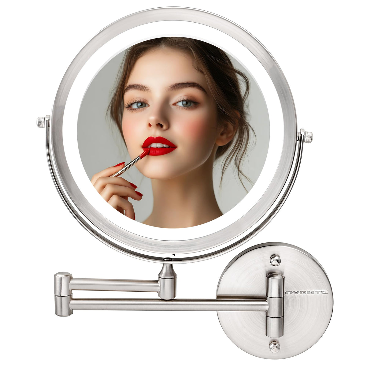 Ovente 9&quot; Lighted Wall Mount Makeup Mirror, 1X/10X Magnification, Nickel Brushed, 360°