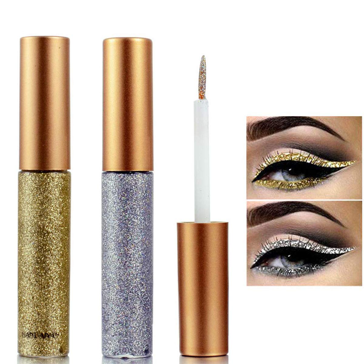 Hacaus 2PCS Liquid Eyeliner Set - Glitter Metallic Shimmer, Waterproof, Long Lasting, Silver Gold