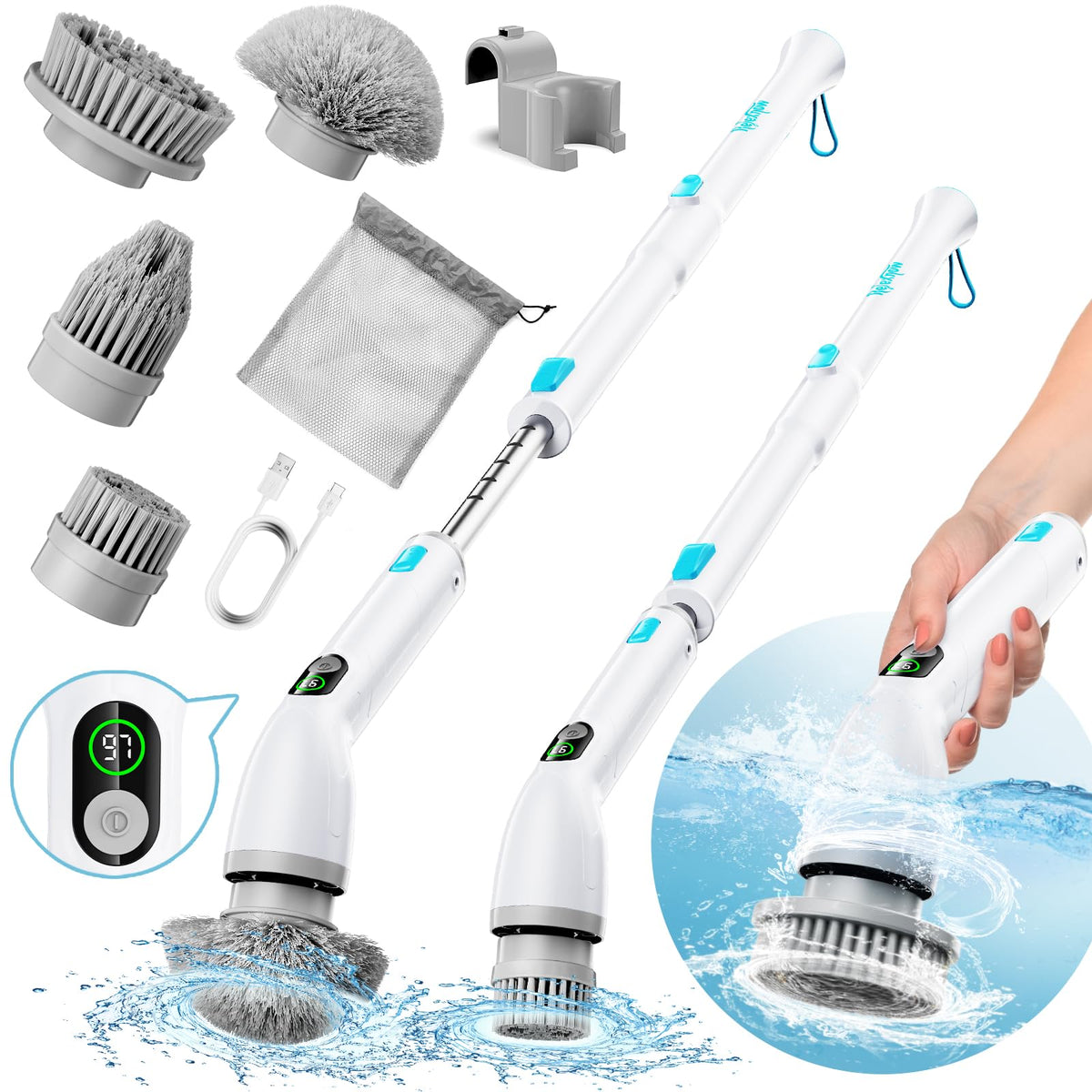 Relexnow Electric Spin Scrubber - Cordless Cleaning Brush, 3 Speeds, 4 Brush Heads, Ipx7 Waterproof