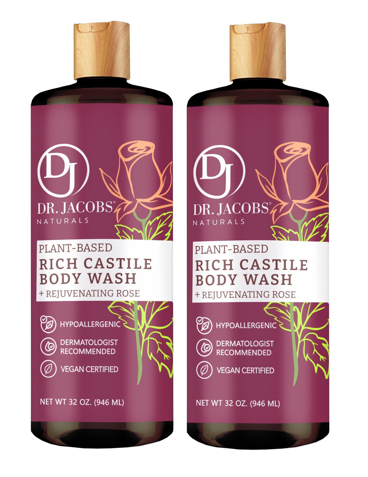 Dr.Jacobs Naturals All-Natural Castile Rose Body Wash, Sulfate-Free, 32 Oz, 2 Pack