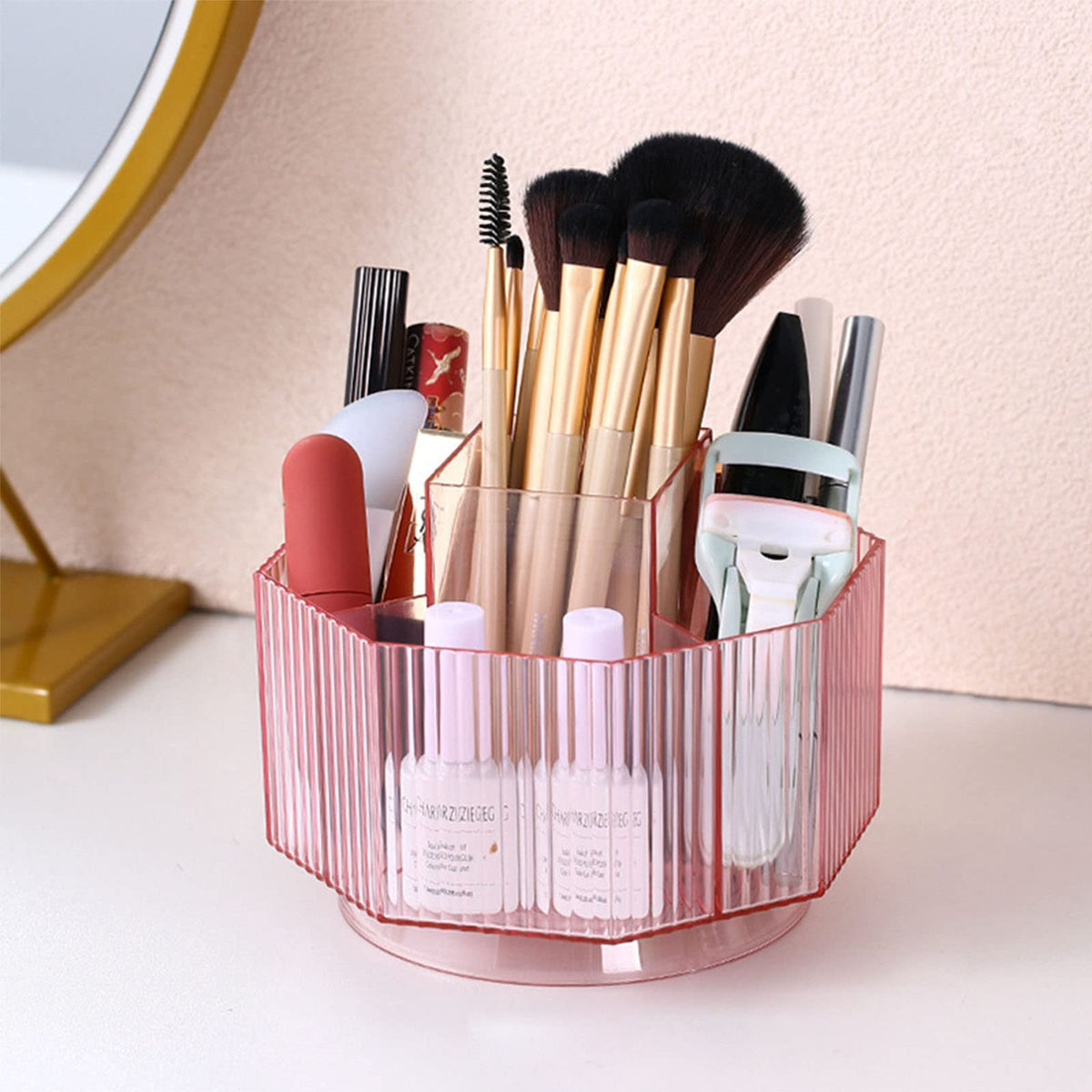 Linfidite Clear Pink 360° Rotating Makeup Brush Holder & Organizer With 5 Slots For Vanity