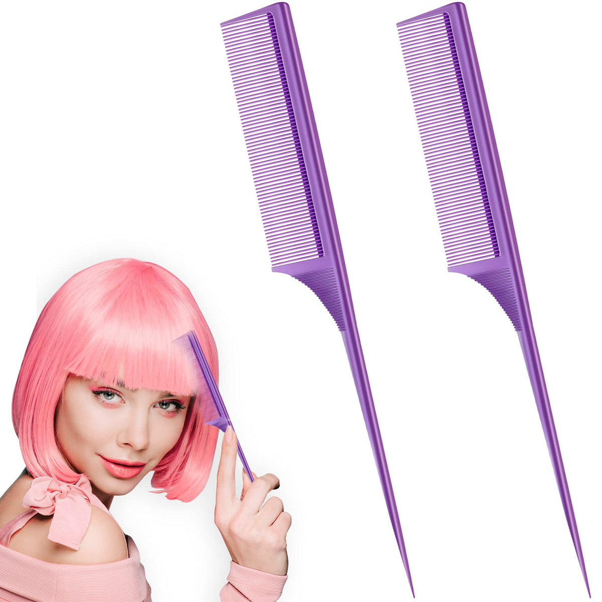 Leinuosen 2 Pack Purple Rat Tail Combs - Fine Tooth Carbon Fiber, Anti-Static, Heat Resistant