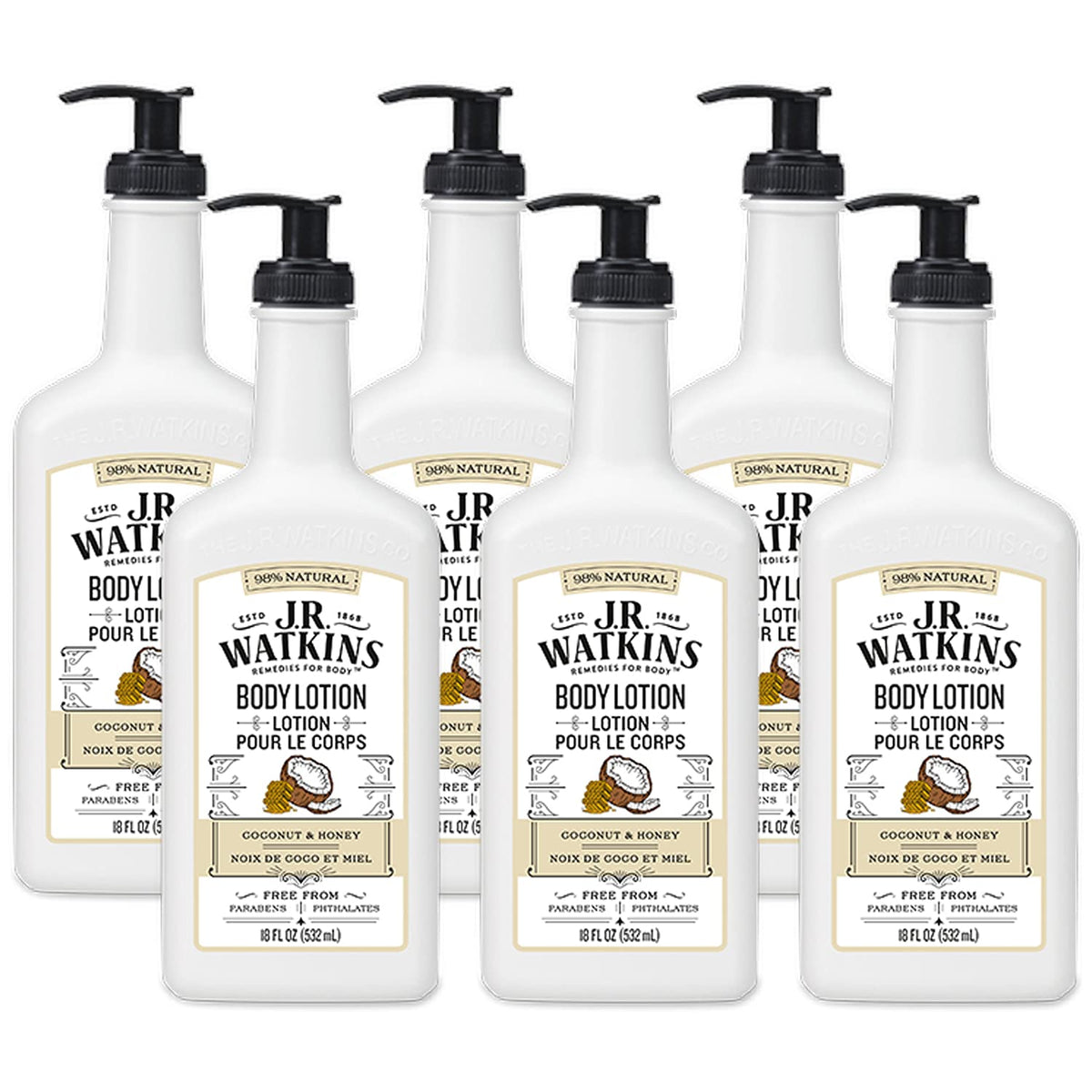 J.R. Watkins Daily Moisturizing Lotion, Coconut Milk & Honey, 18 Fl Oz, 6 Pack - Hydrating Cream