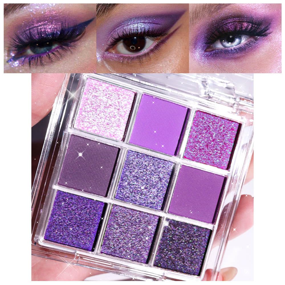 Evpct 9 Colors Purple Glitter Eyeshadow Palette - Highly Pigmented Waterproof Makeup For Women