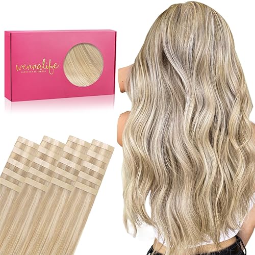 WENNALIFE 24&quot; Tape in Hair Extensions, 50g, Dirty Blonde Highlighted Remy Human Hair, 20pcs