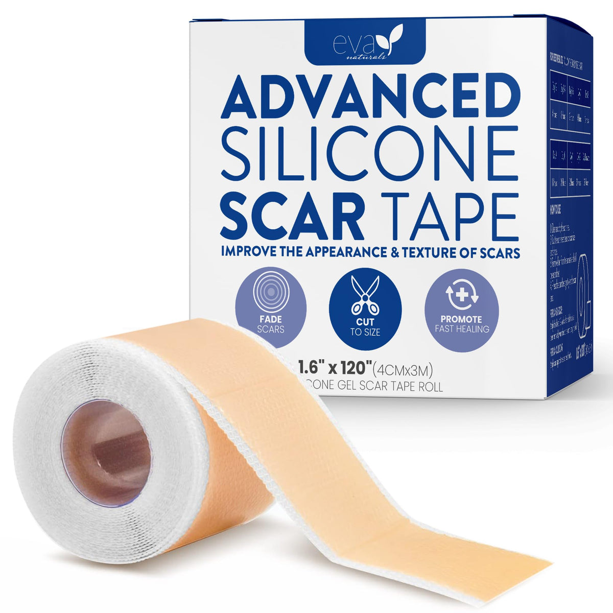 Eva Naturals Silicone Scar Tape - Medical Grade, 1.6” X 120”, Reduces Surgical & Acne Scars