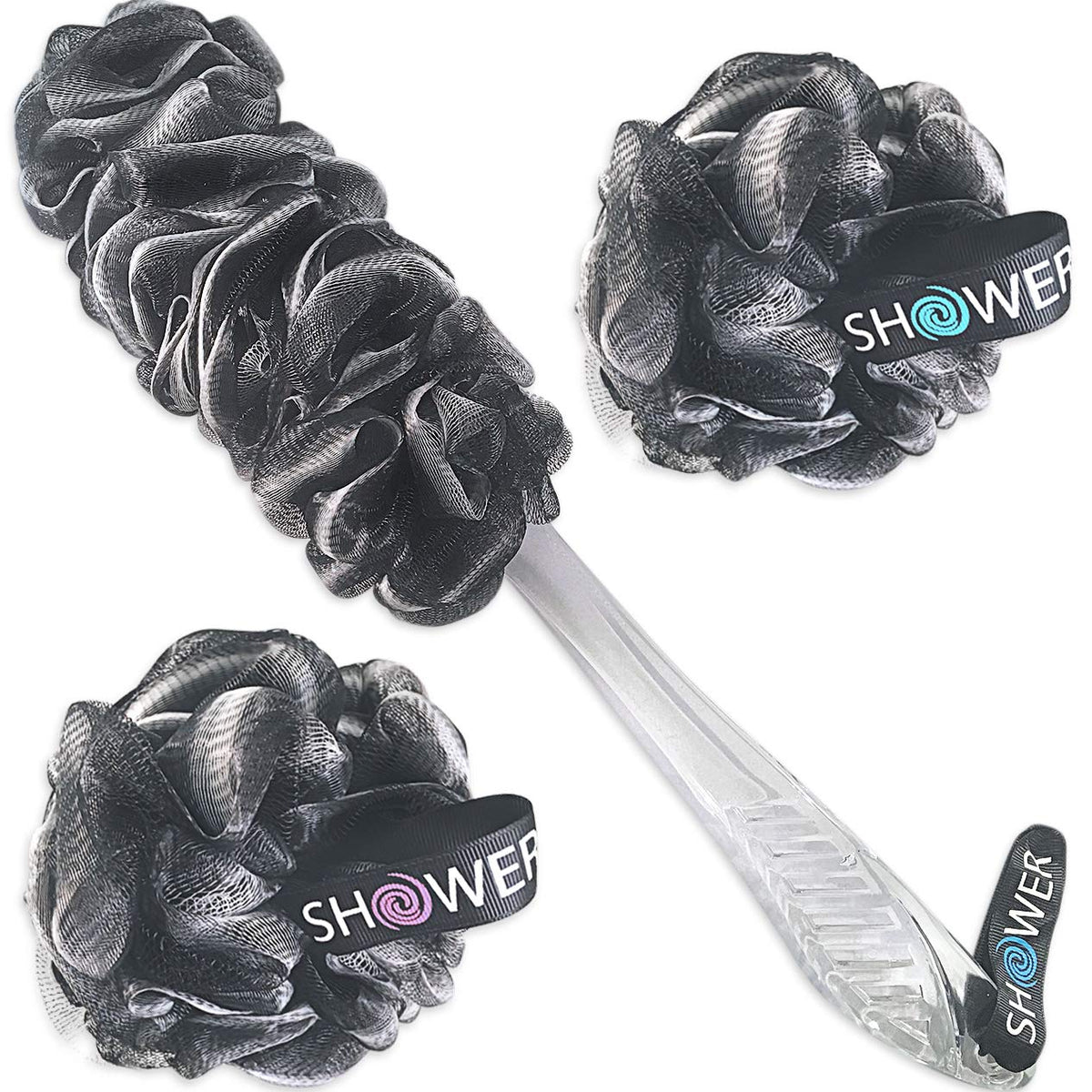 Shower Bouquet Loofah-Charcoal Back Scrubber Set - 1 Brush & 2 Poufs For Exfoliating Cleanse