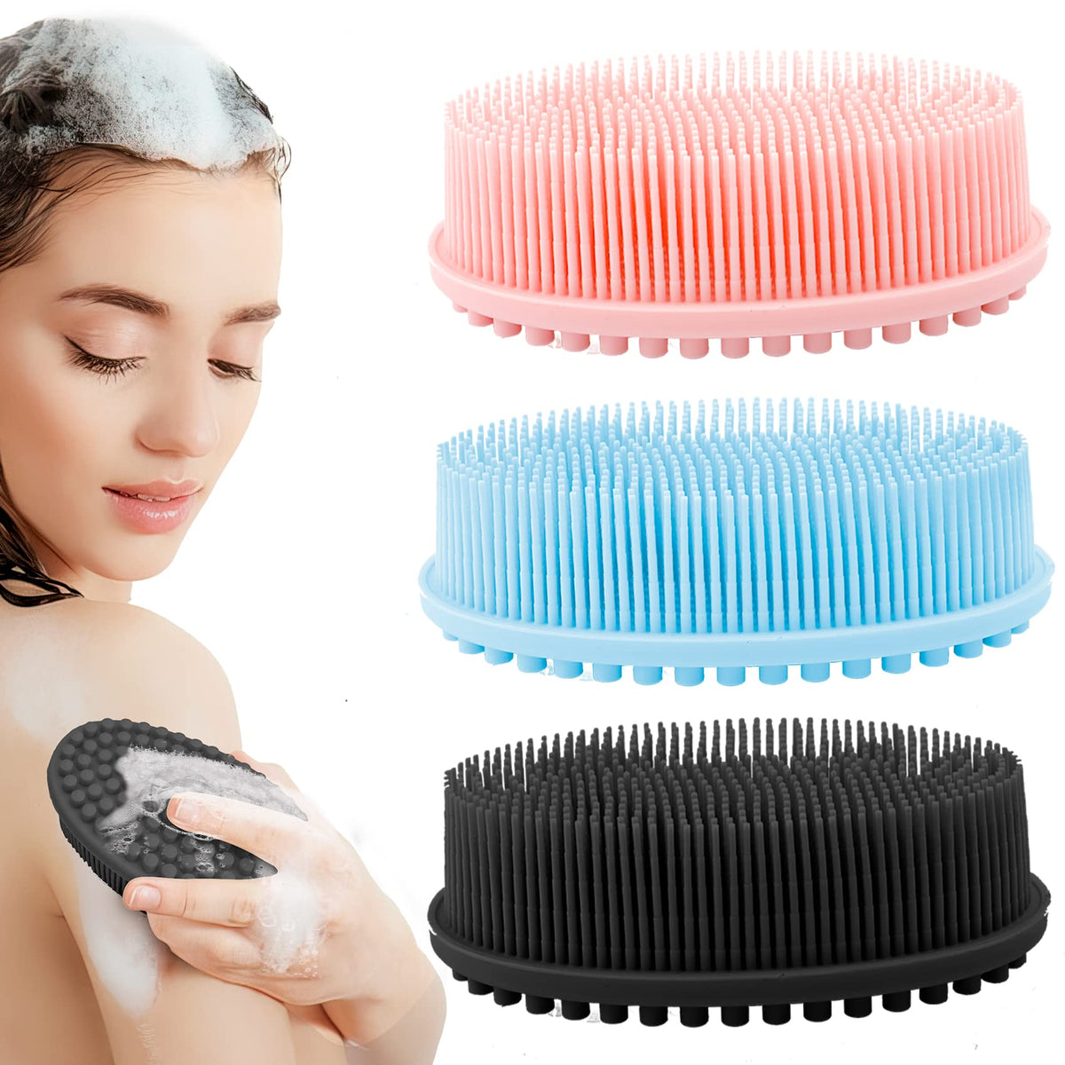 Slergut 3 Pack Silicone Body Scrubber - Soft Exfoliating Bath Brush For Men & Women, Pink/Blue/Black