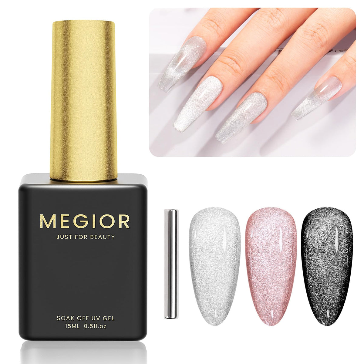 Megior Cat Eye Silver Gel Nail Polish 15Ml - Holographic Magnetic Nail Art For Diy Manicure