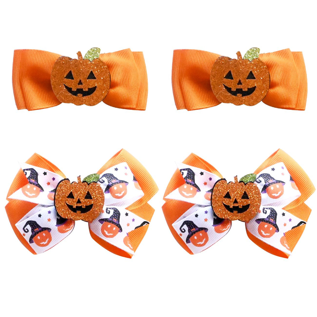 Juccpul 4 Pcs Halloween Pumpkin Hair Clips Bows - Orange Grosgrain Ribbon Accessories For Kids