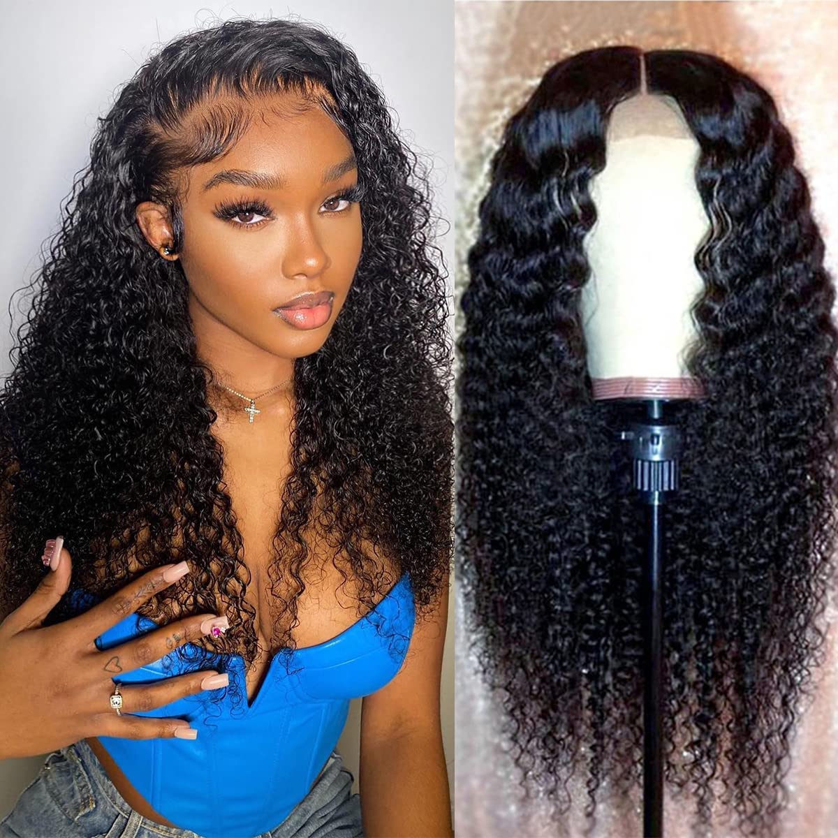 Aliglossy 20&quot; Curly Lace Front Wig For Black Women - Human Hair Deep Wave, 180 Density, Pre Plucked