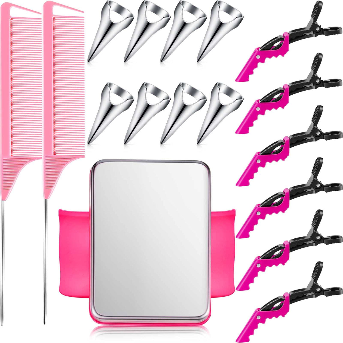 Chengu 8-Piece Hair Styling Kit - Sectioning Clips, Rat Tail Combs & Magnetic Wrist Pin Holder, Rose Red