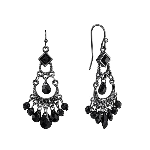 1928 Jewelry Black Briolette Beads & Crystal Crescent Chandelier Earrings For Women