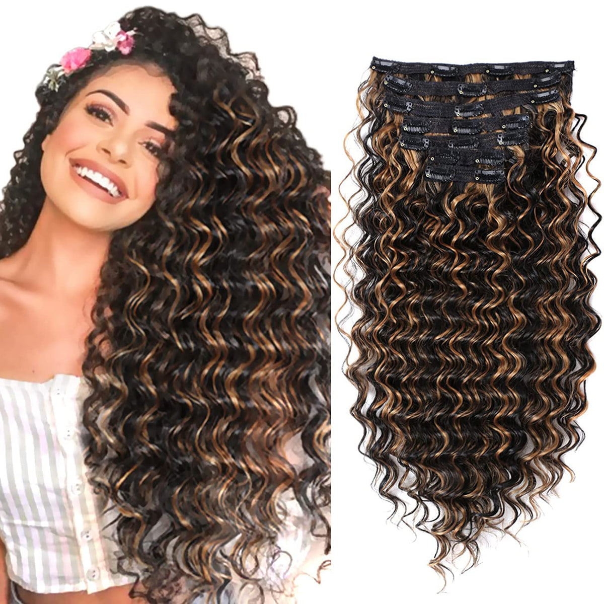 Fashion Icon 24&quot; Deep Wave Clip-In Hair Extensions, Natural Black & Caramel Blonde Ombre, Synthetic