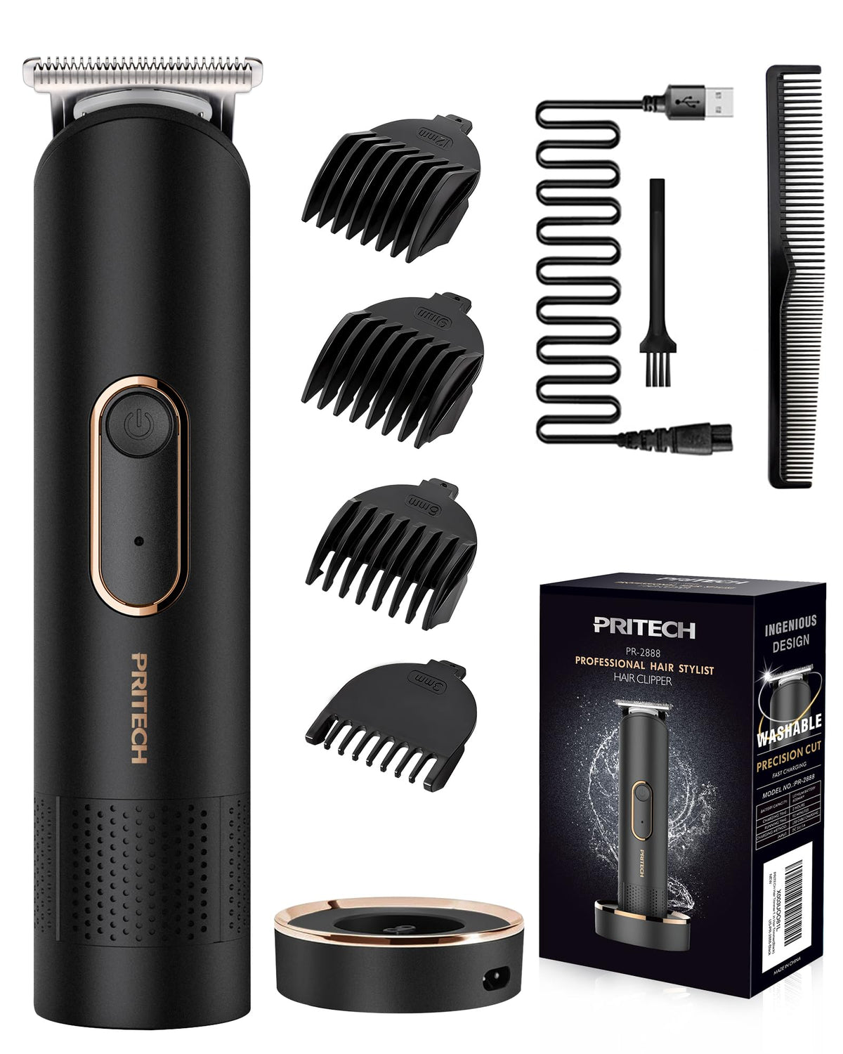 Pritech Waterproof Manscape Trimmer For Men, Rechargeable Beard Razor With Dock, Black