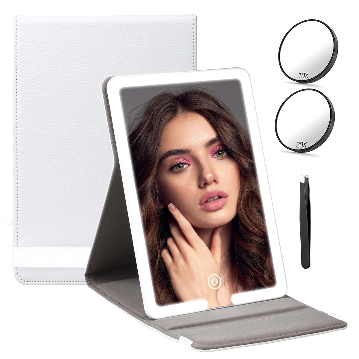 Rrtide Lighted Travel Mirror With 10X/20X Magnification, Portable Led Makeup Mirror, Faux Leather