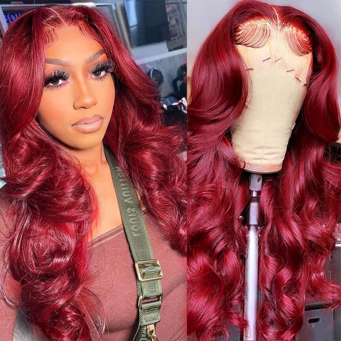 Mupretty 99J Burgundy Lace Front Wig 24&quot; Body Wave Human Hair 180% Density Pre Plucked