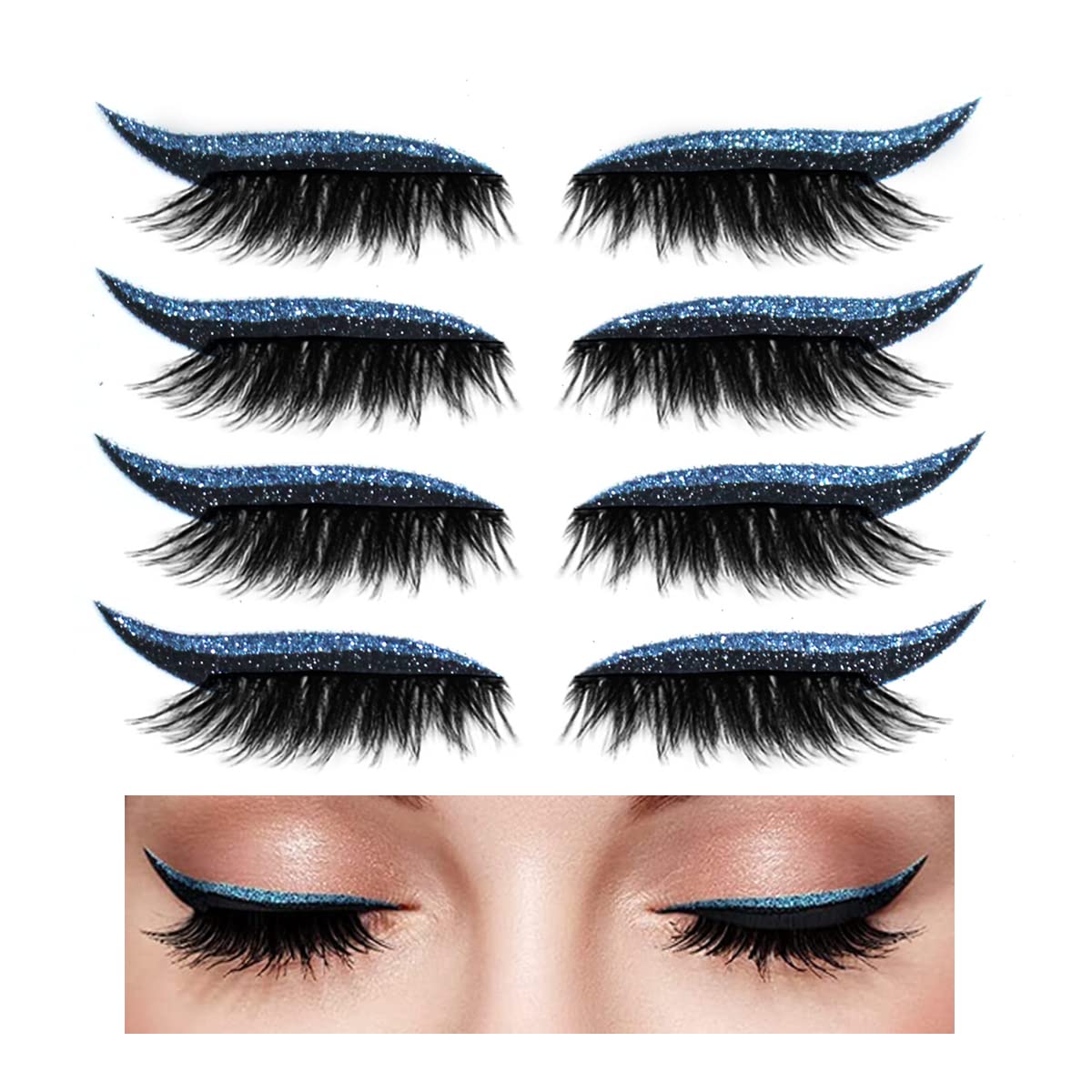 Aaiffey Blue Eyeliner Stickers With Reusable Eyelashes - Waterproof Makeup, 4 Pairs