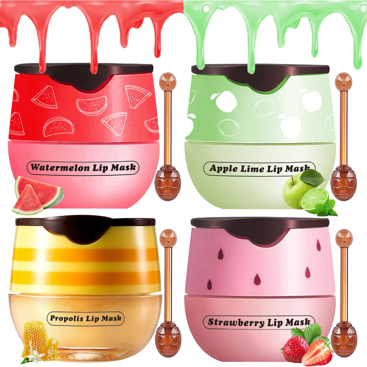 Loobexery Honey Lip Balm Pot - 4 Pcs Moisturizing Lip Mask, Strawberry, Apple Lime, Watermelon