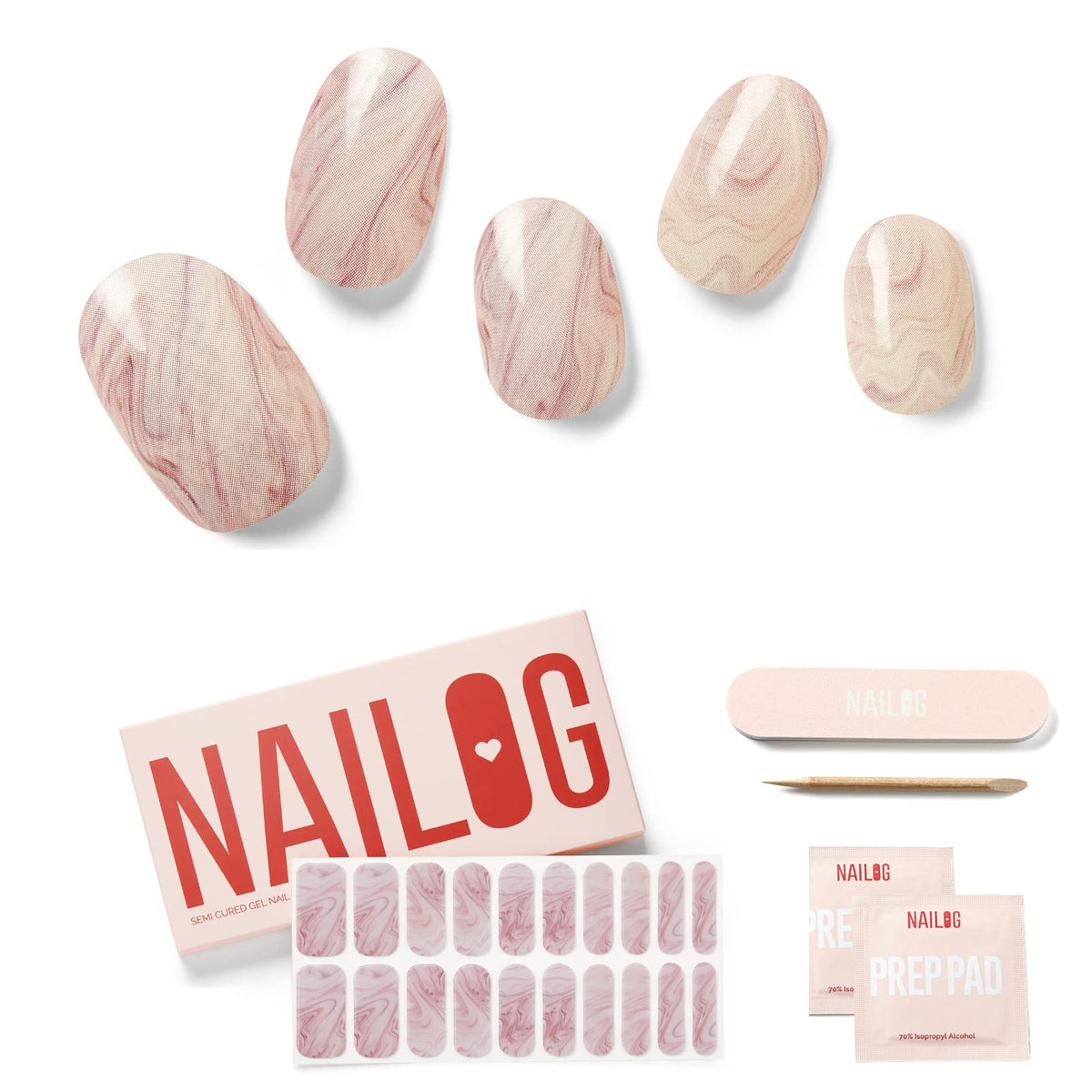 Nailog Pink Fusion Semi Cured Gel Nail Strips, 20 Pcs, Glossy Finish, Irregular Shape, Unisex